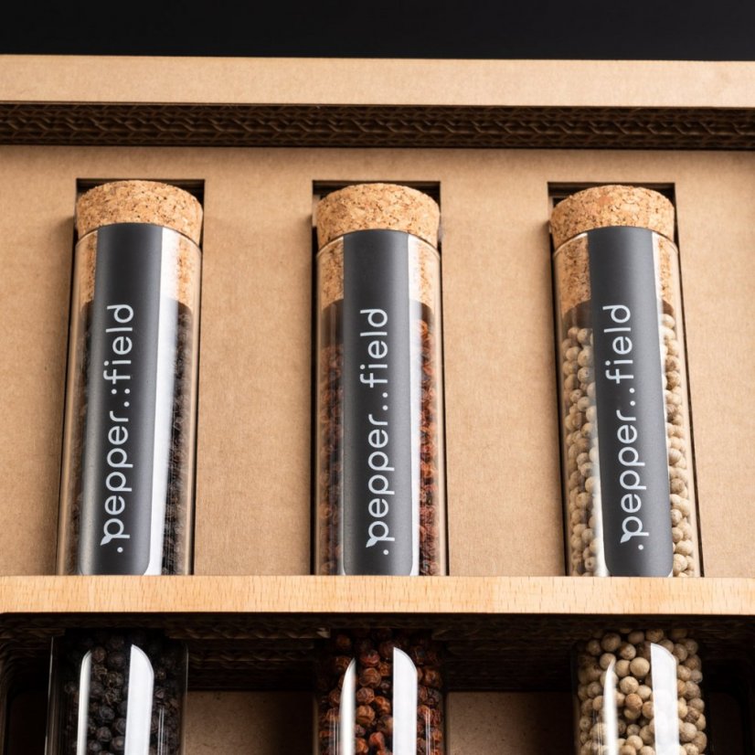 Luxury gift case made of recycled cardboard with 3 grinders and Kampot pepper 3x75g in tubes with stand - Stand colour: Dark, Option: Classic