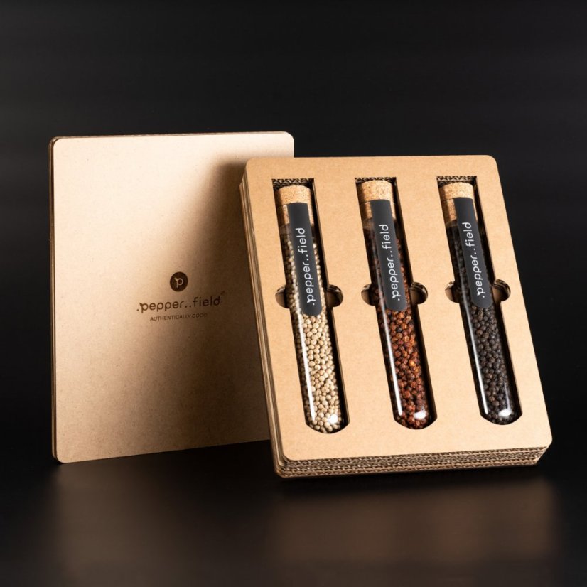 Luxury tube set with Kampot pepper in recycled cardboard gift box (3x70g)