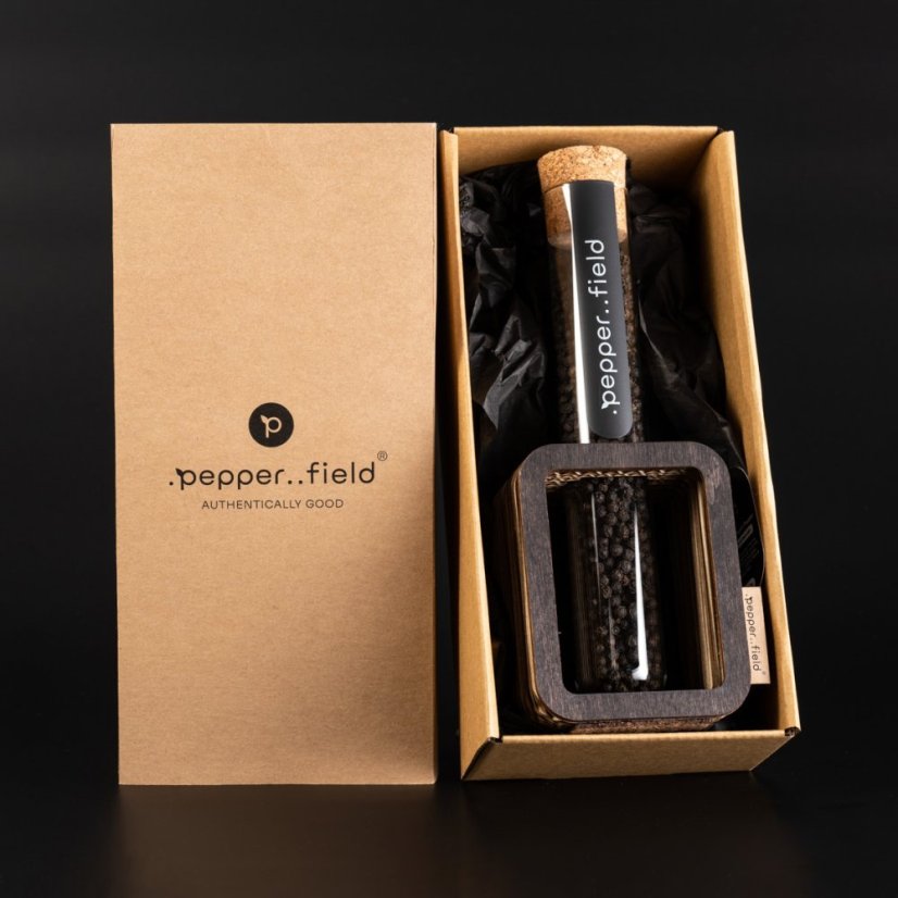 Gift set with one tube of Kampot pepper and stand in recycled cardboard box (70g) - Choose pepper: White Kampot pepper, Stand colour: Dark