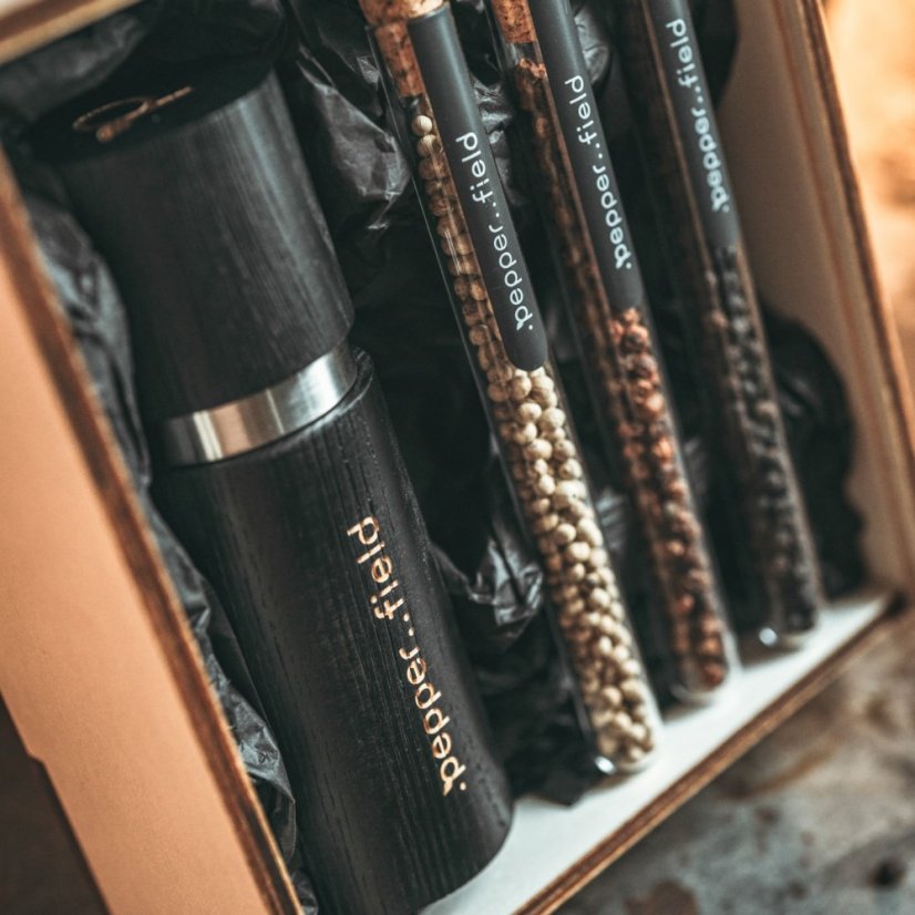 Kampot pepper - set of glass tubes with a grinder in a gift box (3x10g) - Grinder: Wood