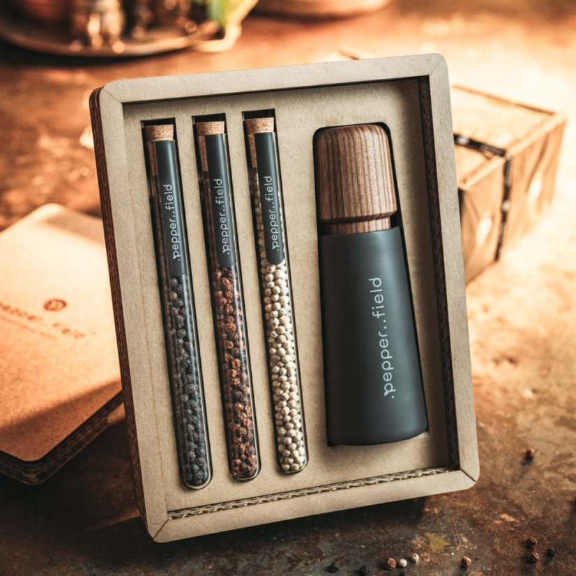Scandinavian grinder with a set of tubes filled with Kampot pepper in a cardboard gift box (3x10g) - Grinder: Grey