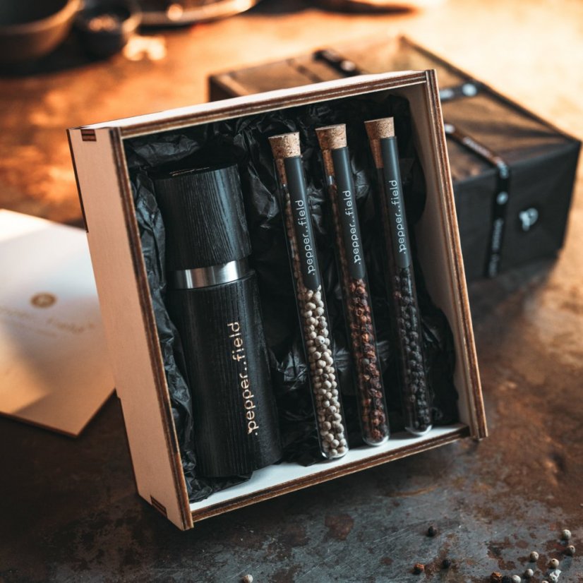 Kampot-Pfeffer - Glasröhrchenset mit Pfeffermühle in einer Geschenkbox (3x10g) - Pfeffermühle aussuchen: Schwarz
