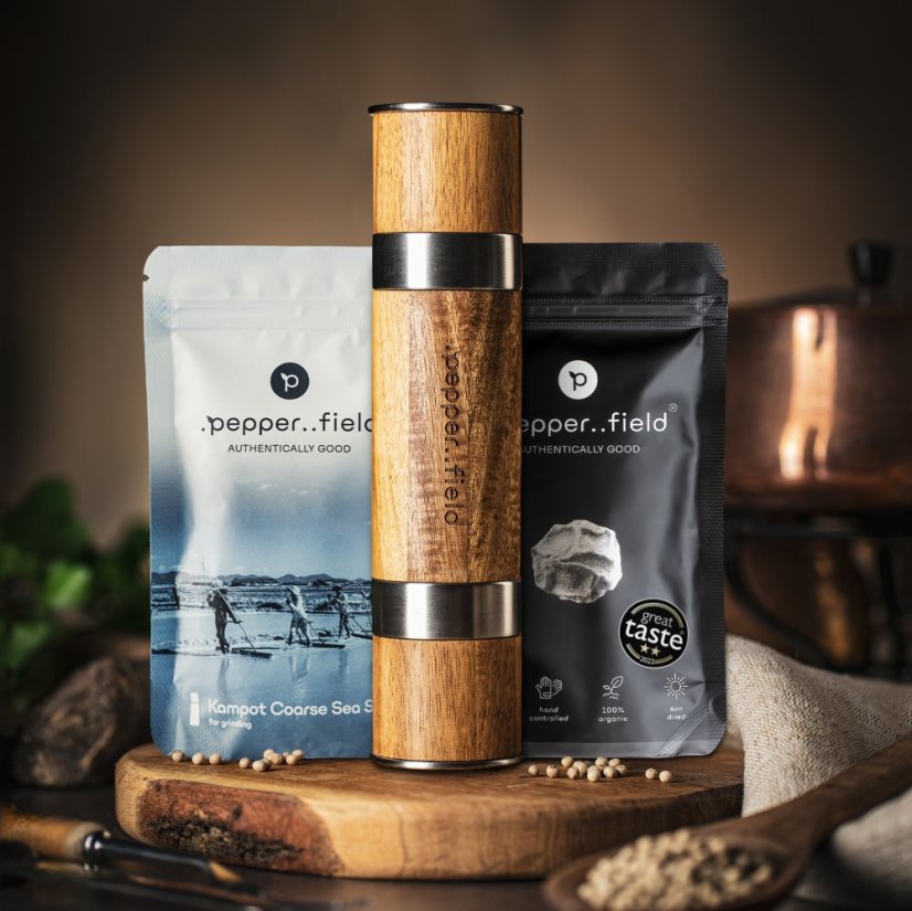 Double grinder DUOMILL + Coarse Sea Salt (120g) and Kampot pepper of your choice (50g) - FREE pepper: ZDARMA bílý Kampotský pepř 50g