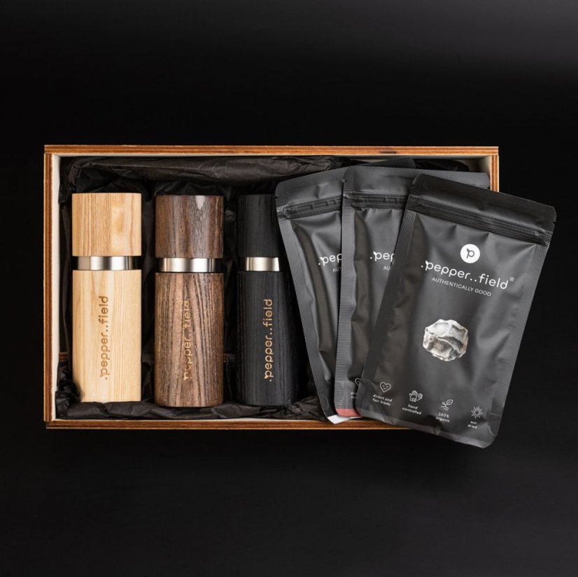 Kampot pepper - a set of 3 grinders and 3 doypacks (3x 50g) in a large gift case
