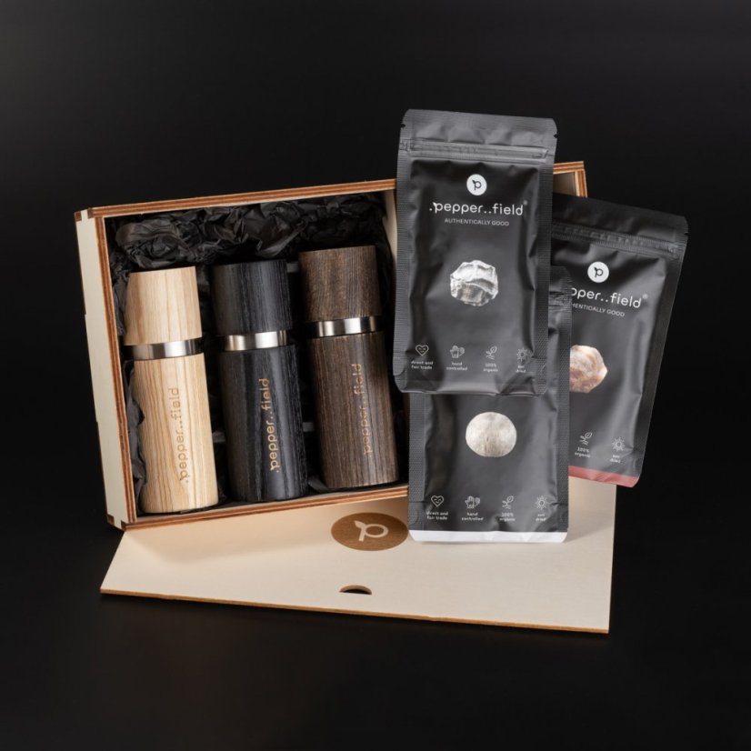 Kampot pepper - a set of 3 grinders and 3 doypacks in a large gift case (3x50g)