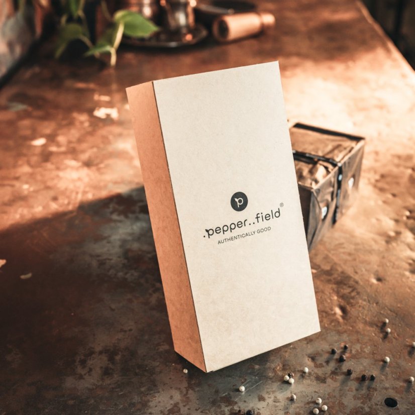 Geschenkset mit einem Glasröhrchen Kampot-Pfeffer (70g) und Ständer aus recyceltem Karton - Pfeffer aussuchen: Schwarzer Kampot-Pfeffer, Farbton des Ständers: Hell