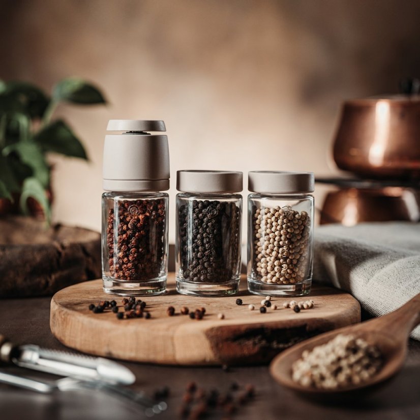 Pepper grinder CrushGrind, 2 glass containers and 3x50g Kampot pepper