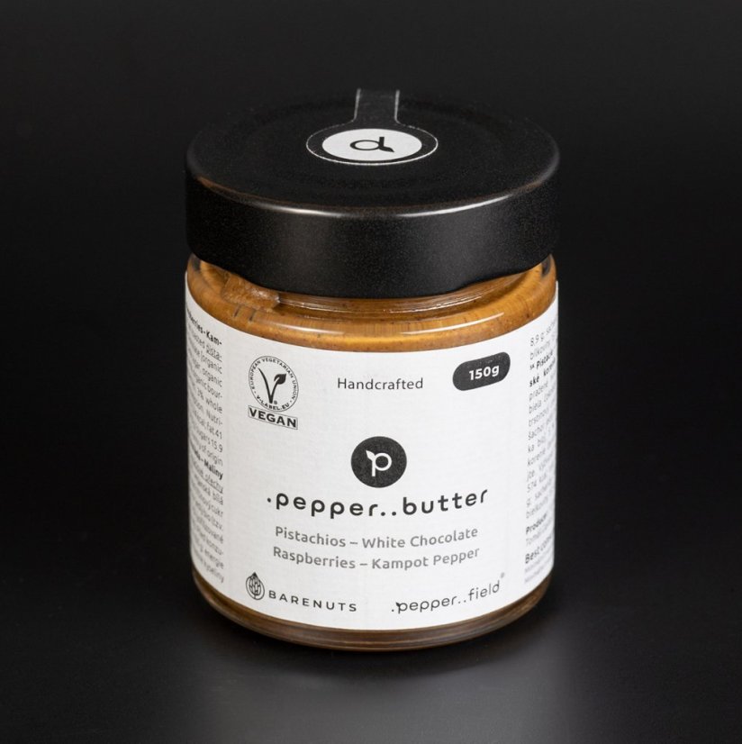 Pistachio butter with white chocolate, raspberries and Kampot pepper (150g)