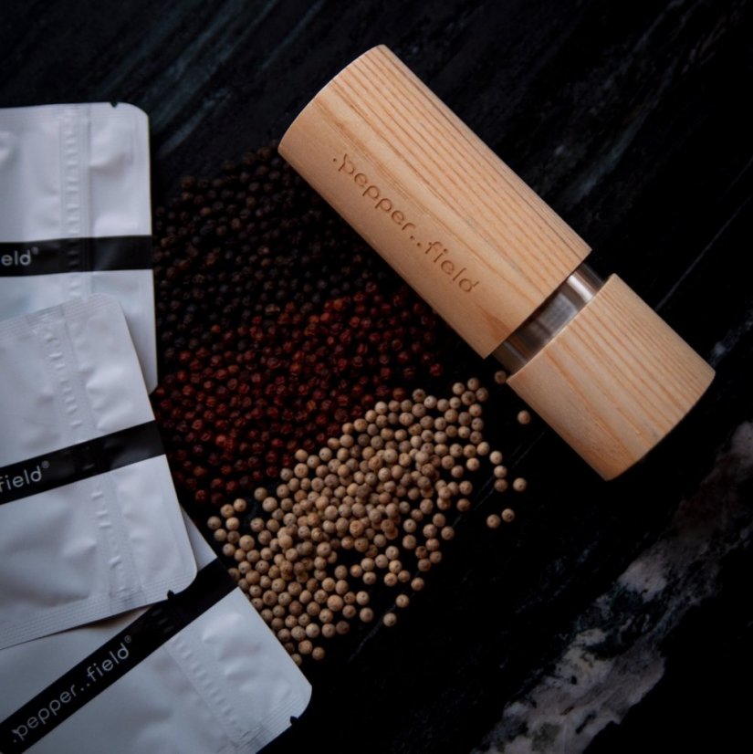 Kampot pepper - ash grinder + STARTERPACK (3x20g) - Grinder: Wood