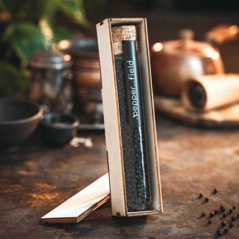 Kampot pepper black - large 75g glass tube in a wooden box