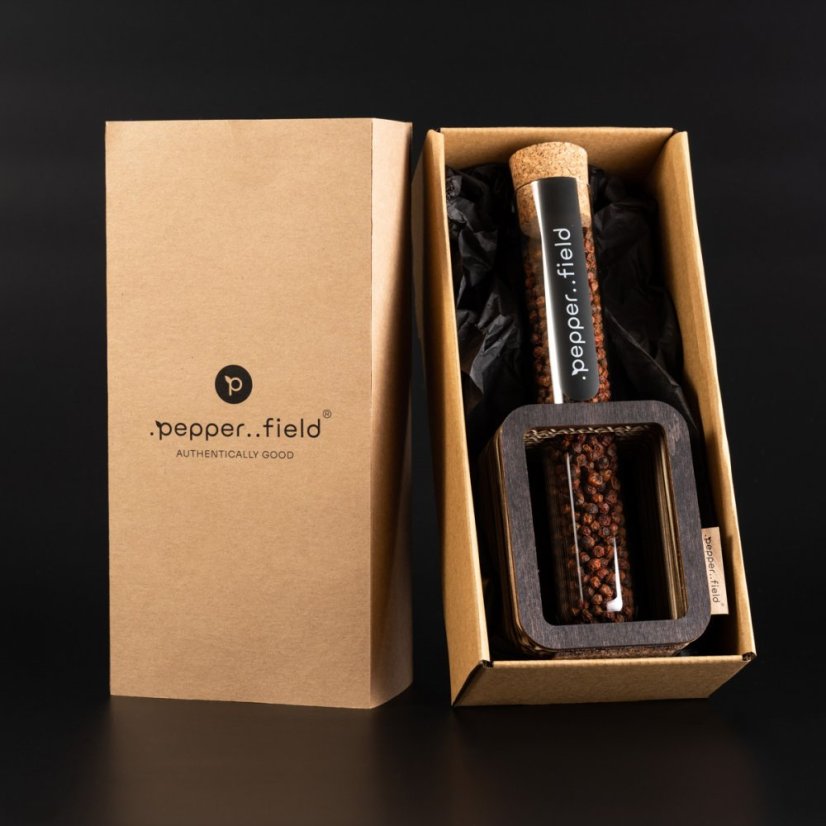 Gift set with one tube of Kampot pepper and stand in recycled cardboard box (70g) - Choose pepper: White Kampot pepper, Stand colour: Dark