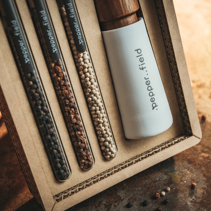 Scandinavian grinder with a set of tubes filled with Kampot pepper in a cardboard gift box (3x10g) - Grinder: Grey