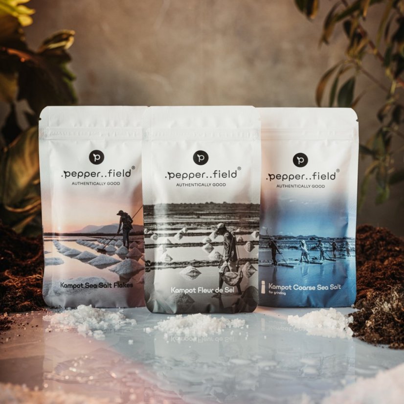 Set of natural salts from Kampot - salt flower (100g), salt pyramids (100g), coarse salt (120g) - multipack