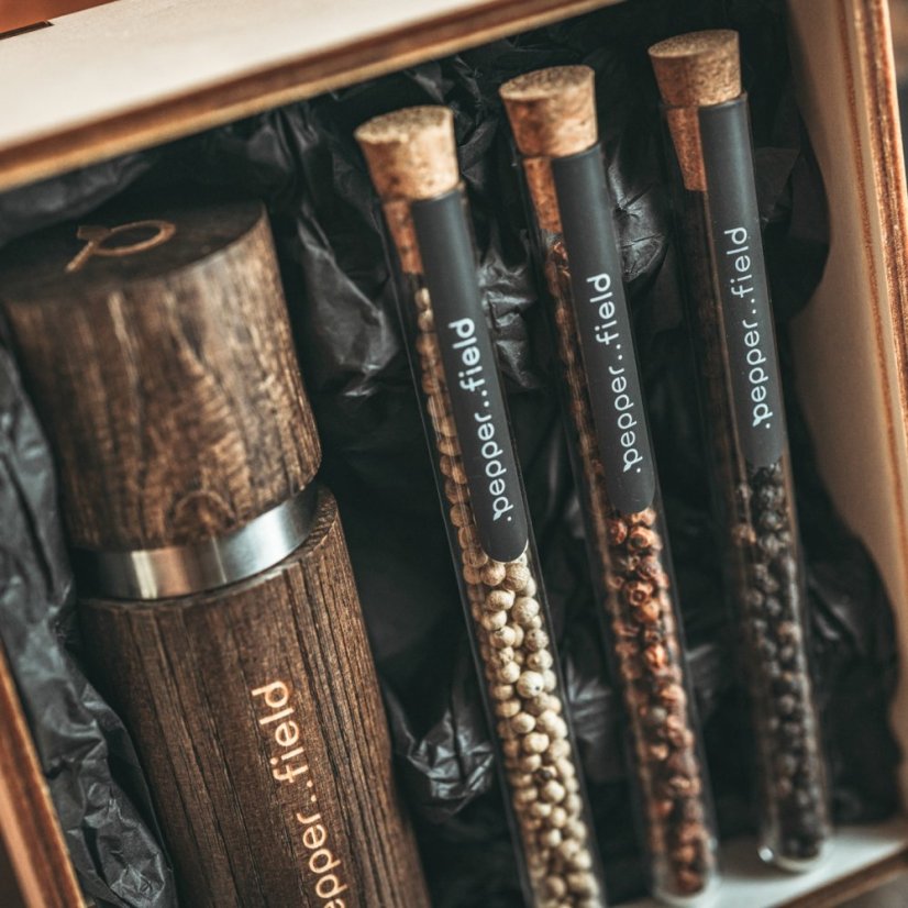 Kampot pepper - set of glass tubes with a grinder in a gift box (3x10g) - Grinder: Wood