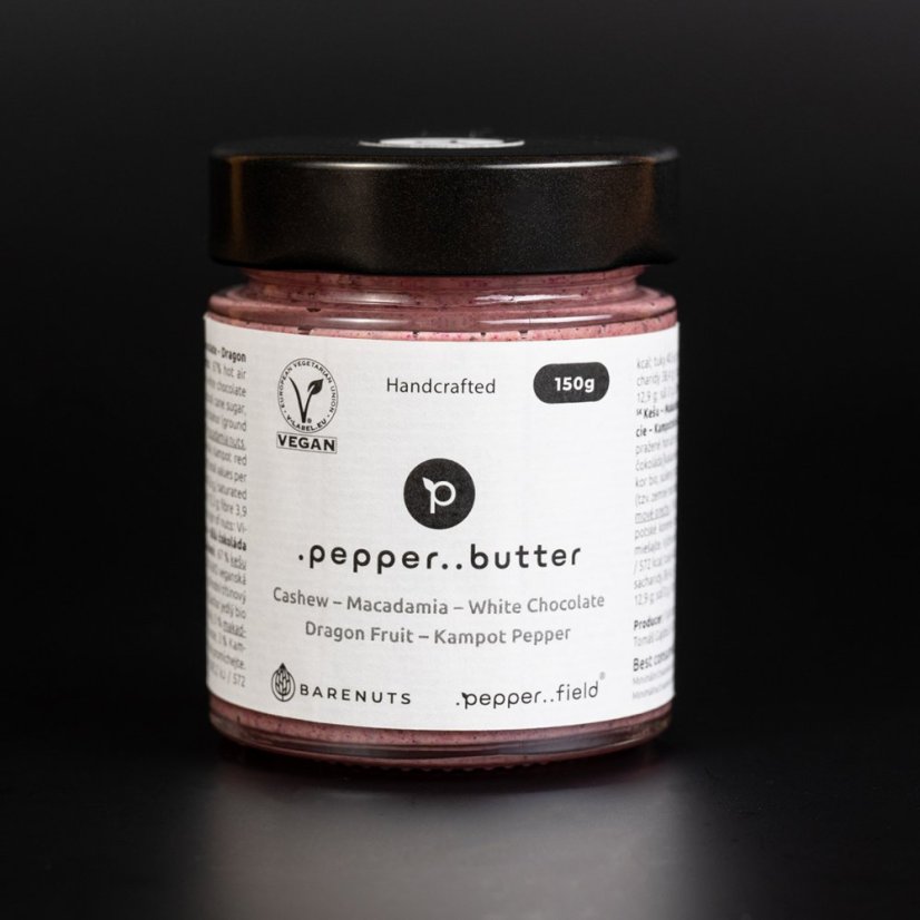 Cashew butter with macadamia nuts, white chocolate, dragon fruit and Kampot pepper (150g)