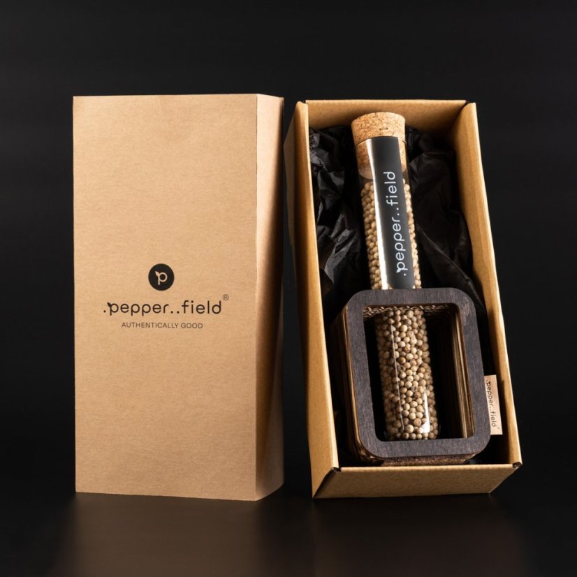 Gift set with one tube of Kampot pepper and stand in recycled cardboard box (70g) - Choose pepper: White Kampot pepper, Stand colour: Dark