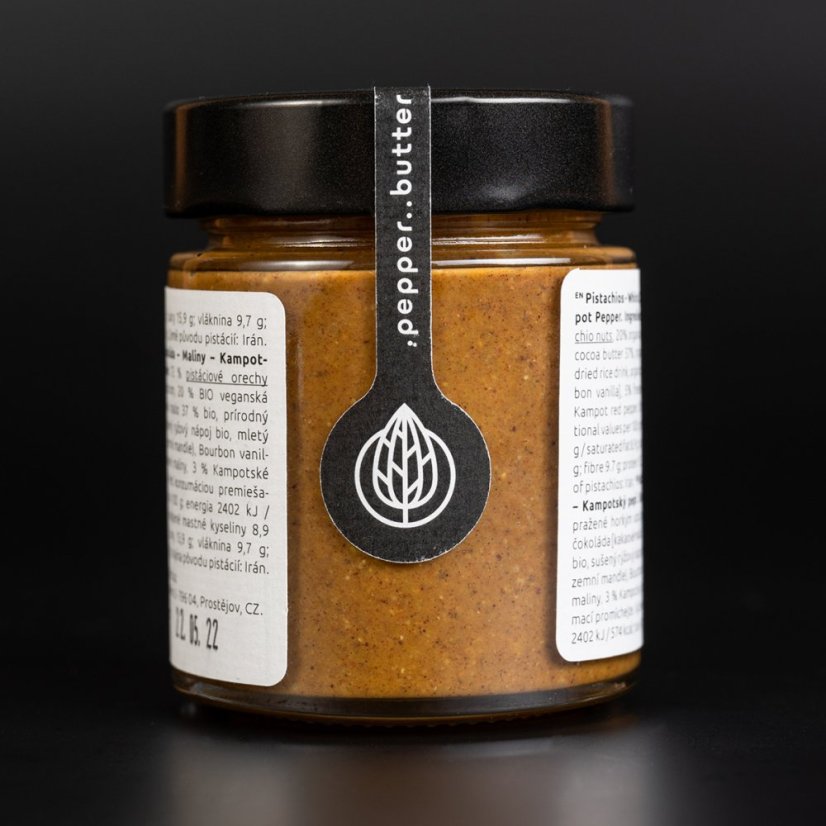 Pistachio butter with white chocolate, raspberries and Kampot pepper (150g)