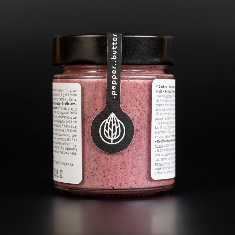 Cashew butter with macadamia nuts, white chocolate, dragon fruit and Kampot pepper (150g)
