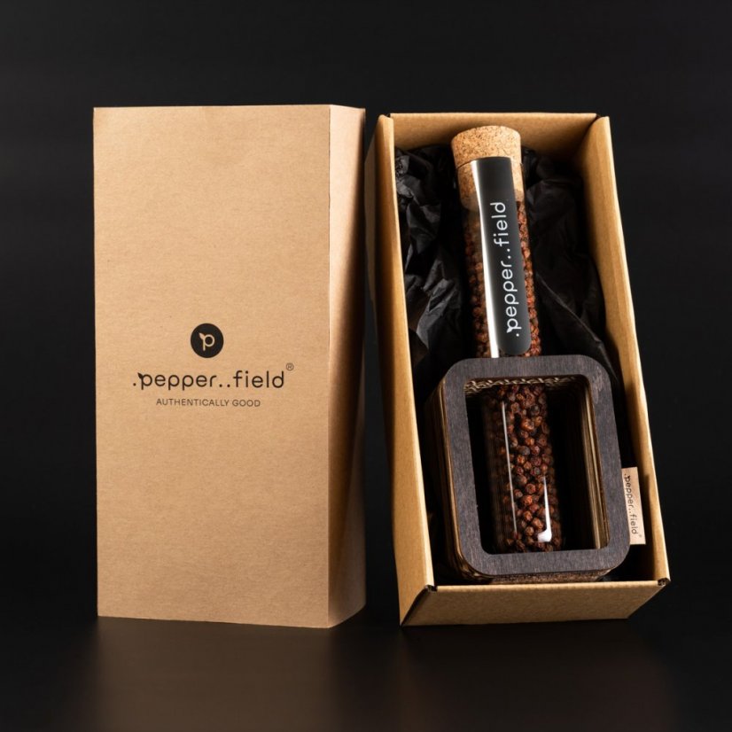 Gift set with one tube of Kampot pepper (70g) and stand in recycled cardboard box - Choose pepper: Black Kampot pepper, Stand colour: Light
