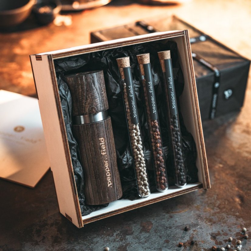 Kampot pepper - set of glass tubes with a grinder in a gift box (3x10g) - Grinder: Brown
