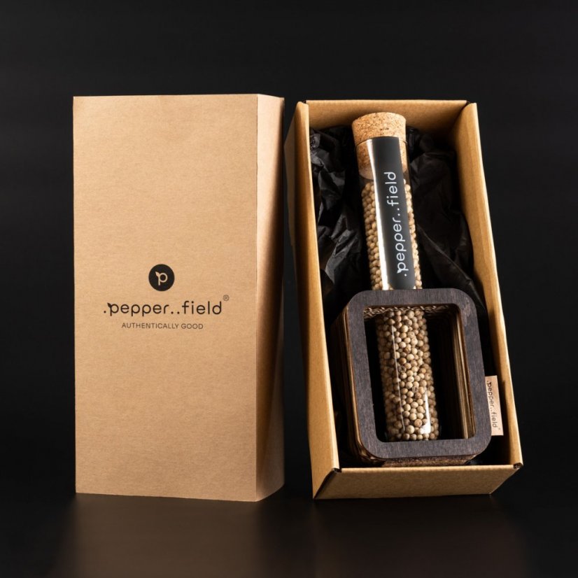 Gift set with one tube of Kampot pepper (75g) and stand in recycled cardboard box - Choose pepper: White Kampot pepper, Stand colour: Light