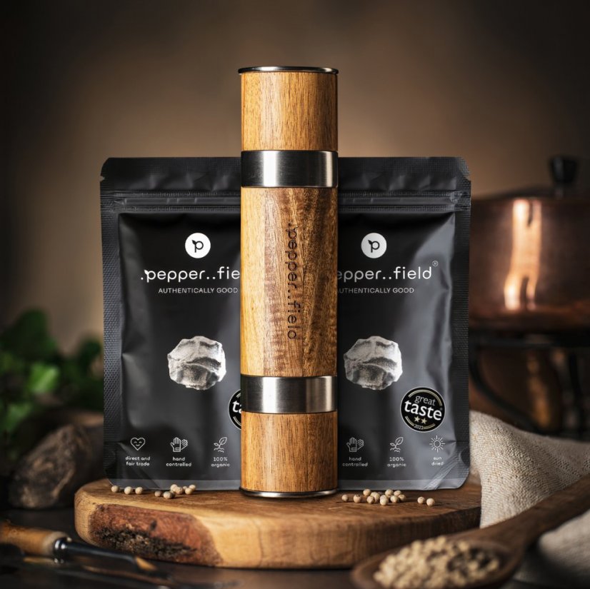 Double grinder DUOMILL + 2x50g of Kampot pepper of your choice - Choose pepper: Black + Red Kampot pepper