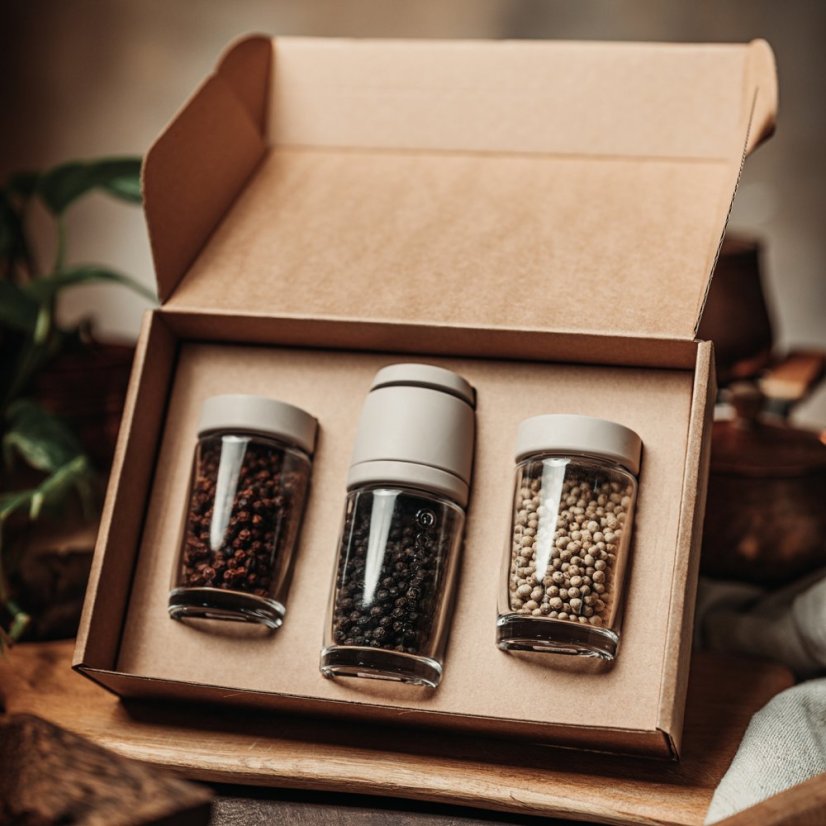 Pepper grinder CrushGrind, 2 glass containers and 3x50g Kampot pepper