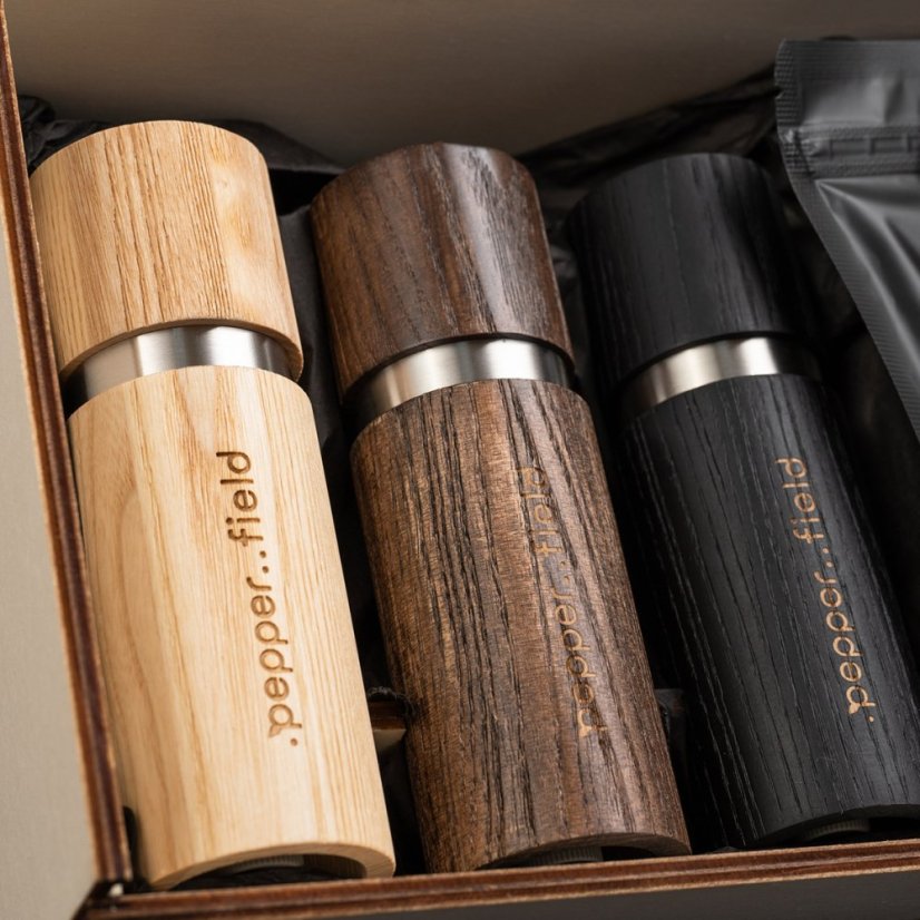 Kampot pepper - a set of 3 grinders and 3 doypacks in a large gift case (3x50g)